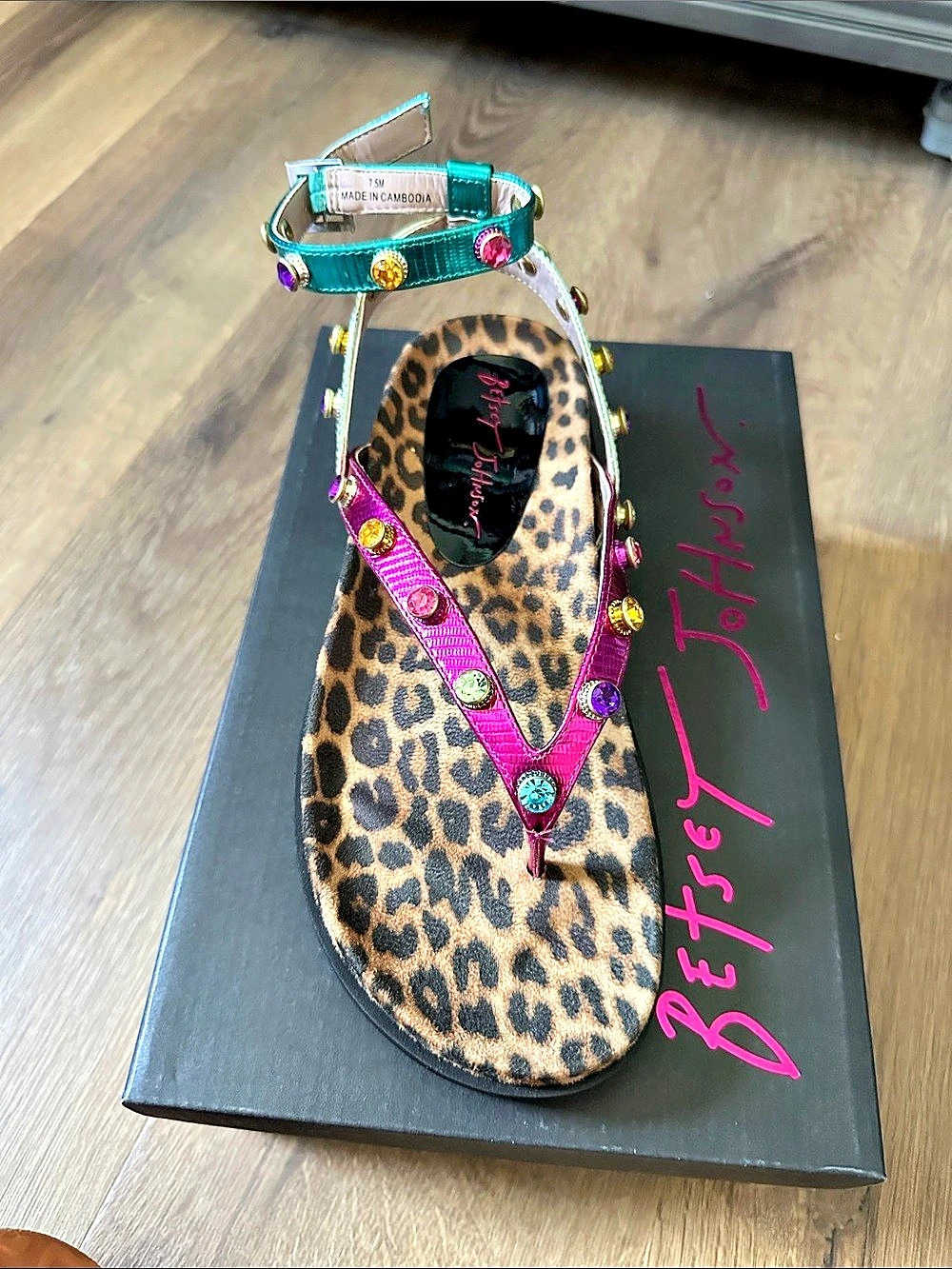 Betsey Johnson Conley Beaded Leopard Sandals Pink & Green US 7.5 NWT